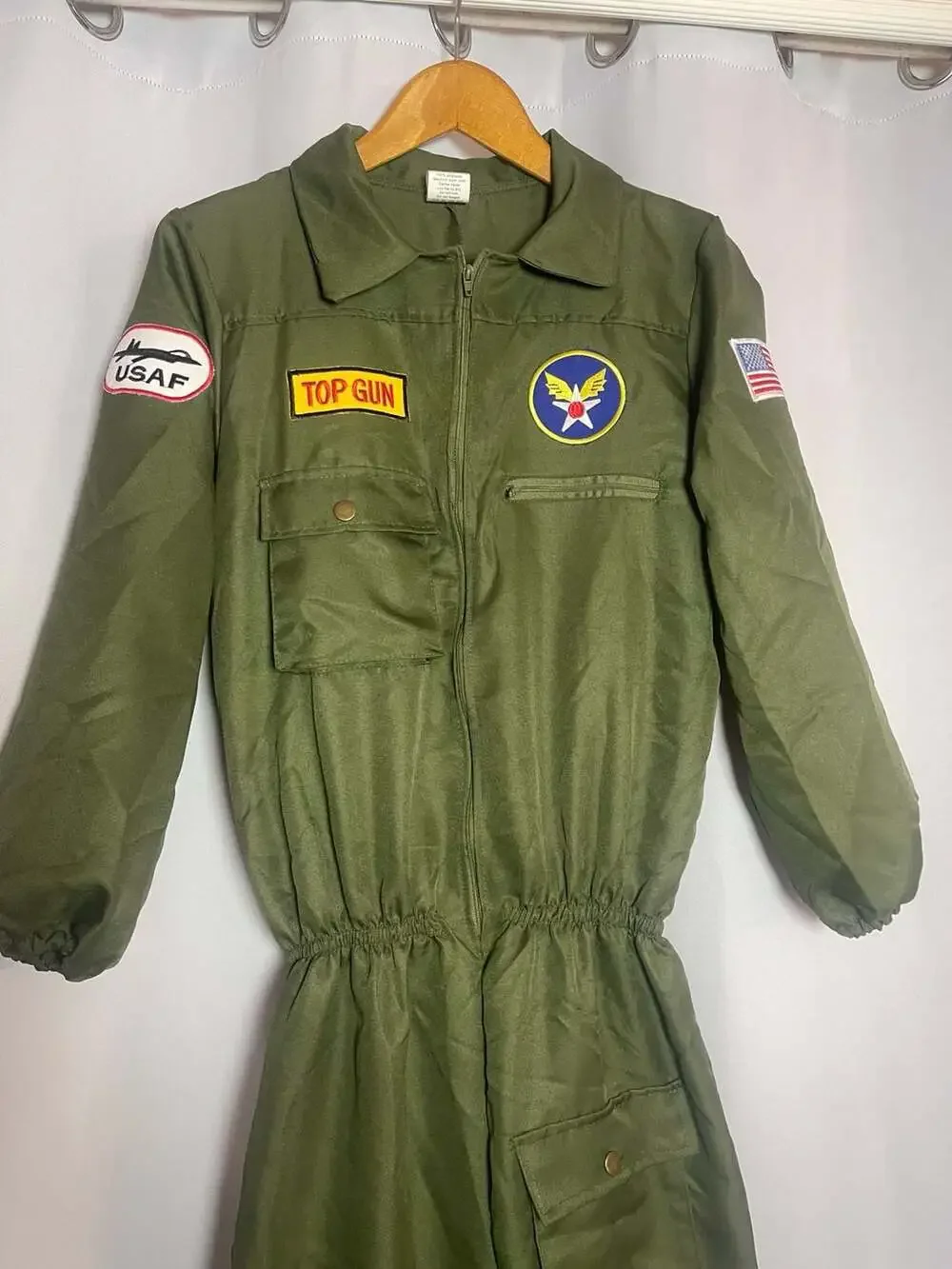 Top Gun Air Force Fighter Pilot Costume Flight Suit Jumpsuit Green Halloween